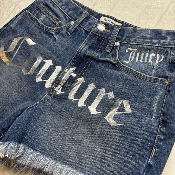 Y2K Juicy Couture Denim Cut Off  Shorts With RARE Silver Metallic Logo Size 27 - Picture 2 of 10